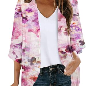 Women's 3/4 Sleeve Open Front Boho Floral Kimono Cardigan Sh…