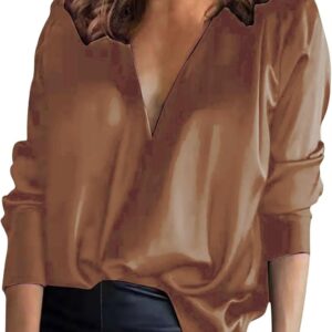 Women's Autumn Off Shoulder Tops Long Sleeve V Neck Satin Shi…