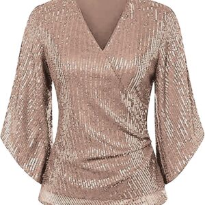 Women's Sparkly Sequin Shirts 3/4 Sleeve V Neck…