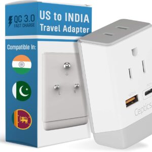 Ceptics US to India Plug Adapter, Type D Plug Adapter QC 3.0…