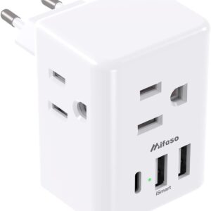 European travel plug adapter with USB load ports (1 USB C …